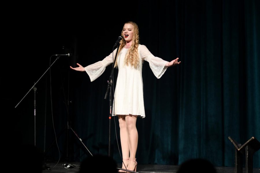 Karissa Burkhardt 20 performs Think of Me by Andrew Lloyd Webber as a special act on Sunday, Feb. 20.