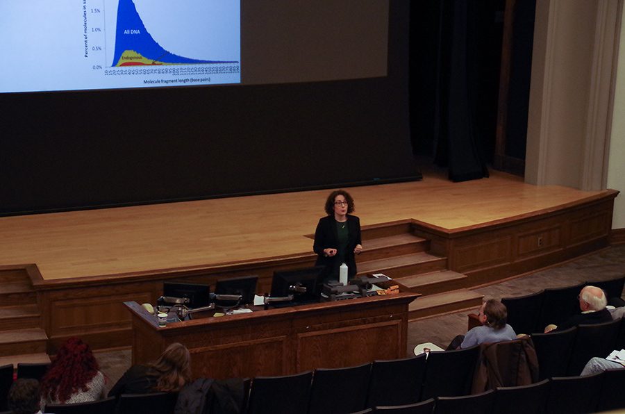 Ana Duggan talks about her experience with ancient DNA on Feb. 23 as part of the Darwin Days festivities. Duggan explained that studying ancient DNA is an important part of reconstructing an accurate view of the past human experience.