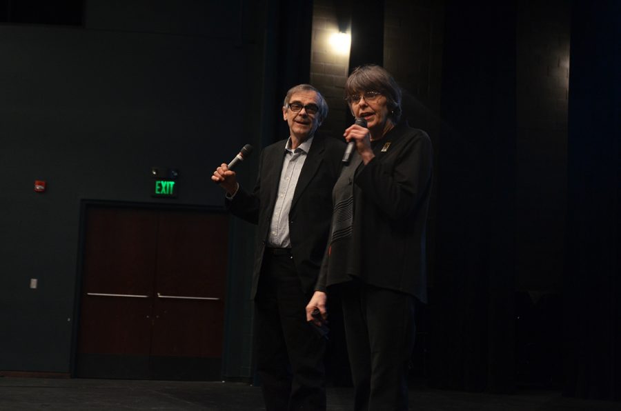Mary Beth Tinker and John Tinker speak to students in the West High Arganbright Auditorium on Tuesday, Feb. 26 about the hardships they faced while trying to protect their freedom of speech while protesting the Vietnam War.