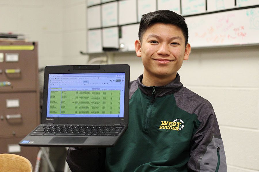 Caleb Kwok 20 displays the college spreadsheet he made to help compare colleges from across the country.
