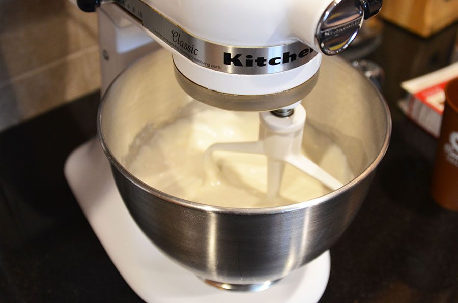 The first step is to mix the vanilla cake batter together. 