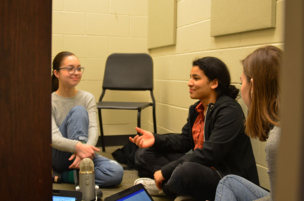 Alex Carlon '21 and Aditi Borde '21 record their first podcast for a new addition to WSS Radio. 