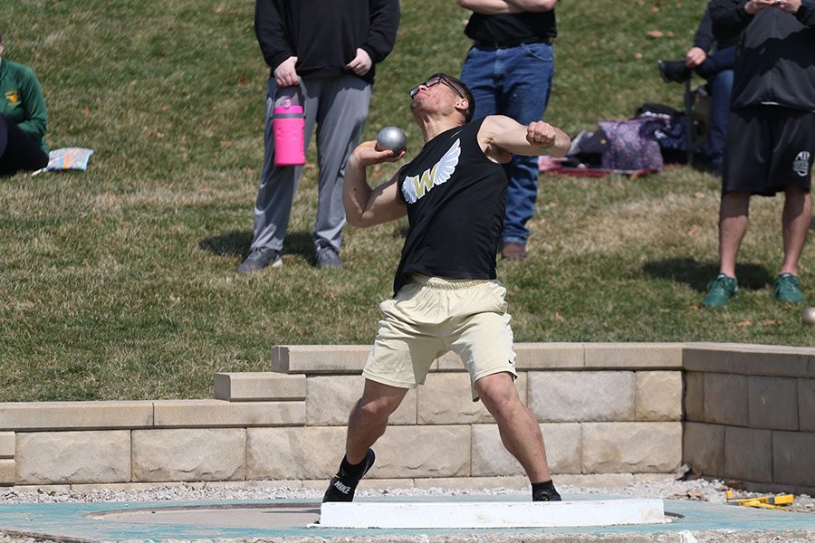 Landon Green 19 throws the shot put on Saturday, April 6. Green won the shot put competition with a throw of 53-10.00. He also placed fourth in discus with a throw of 149-08 and ran the last leg of the sixth place 4x100 meter relay.
