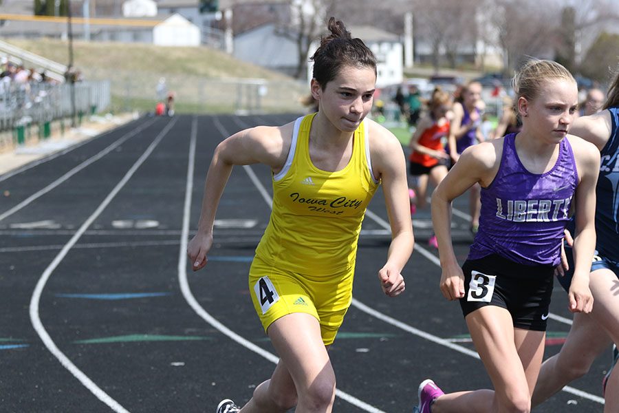 Kiara Malloy-Salgado 21 runs out at the start of the 800 meter run on Saturday, April 6. Malloy-Salgado placed fourth in a time of 2:23.55. She also competed in the 4x400 meter relay race which placed first in 4:14.70.