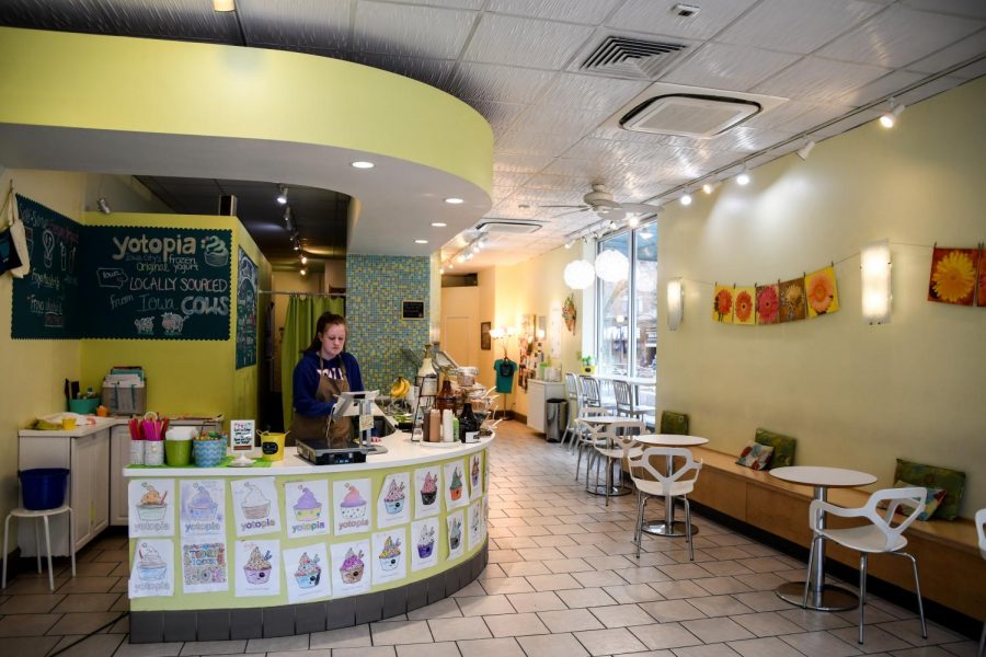 Yotopia offers frozen yogurt in the heart of downtown Iowa City. This self-serve frozen yogurt shop features a variety of toppings and flavors.