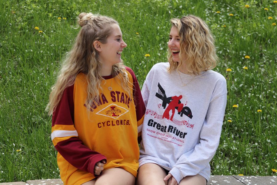 Seniors Lexi Moore and Allie Harvey share a laugh in the courtyard on Monday, May 6.
