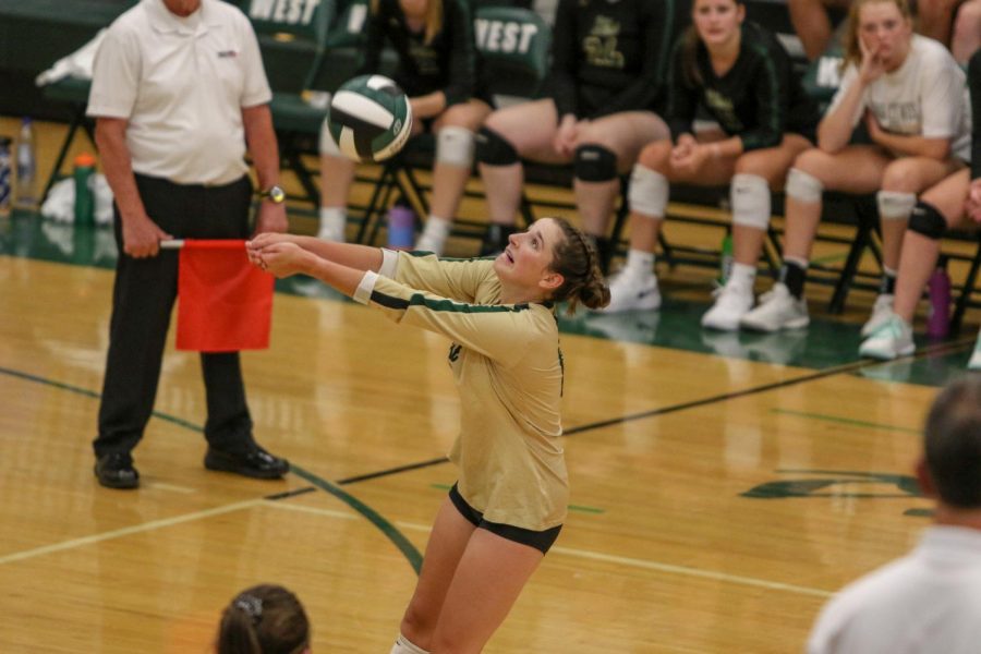 Katherine Kouba '22 bumps the ball on Tuesday, August 27 during the Battle for the Spike.