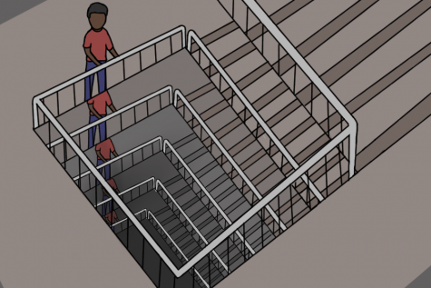 Endless staircase showing the main character, Jack King, and the stairs he keeps showing up on throughout Opposite of Always by Justin A. Reynolds. 