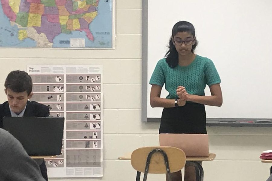 Advika Shah giving the first section of her debate in the semi-finals round on Oct. 19, 2019. 