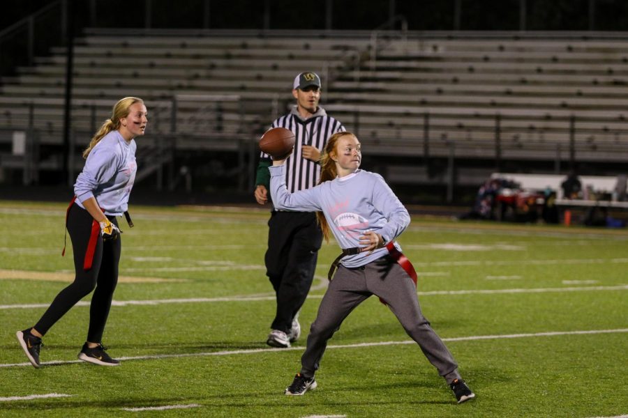 Rylee Goodfellow '21 throws a touchdown pass during West High's annual powderpuff game on Oct. 3rd. 