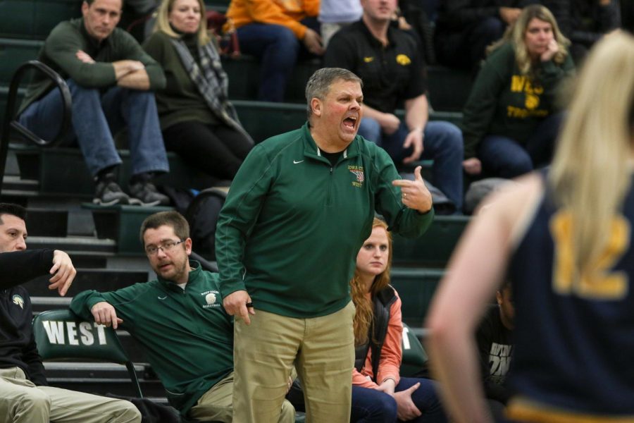 Head girls basketball coach BJ Mayer shouts instruction from the sideline during the team's scrimmage against Cascade on Nov. 22. Mayer was inducted into the Iowa High School Girls Basketball Hall of Fame earlier this year.