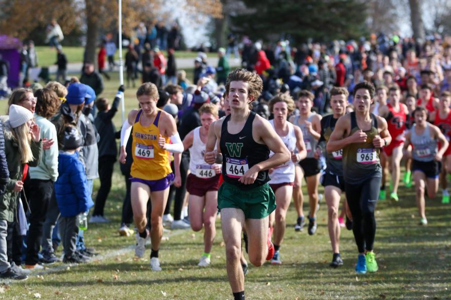 Caden Noeller '22 fills a gap during the state cross country meet on Nov. 2 in Fort Dodge.