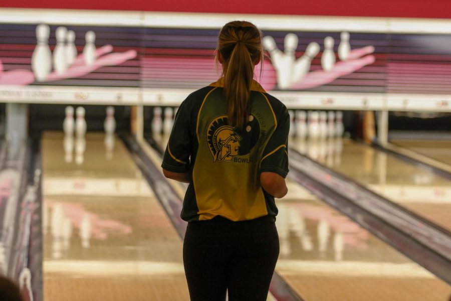 Jordynn Brackett '21 evaluates her chance to spare on Nov. 26 at Colonial Lanes against City High.