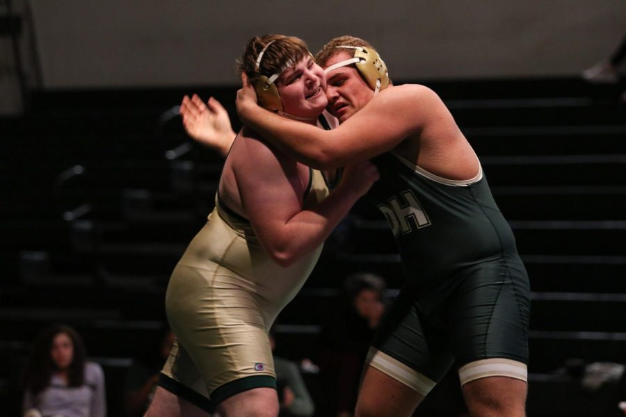 Heavyweight wrestler Ben Alden '21 battles during his match against Hempstead's Cayden Lovett '21. Alden lost in a 1-0 decision.