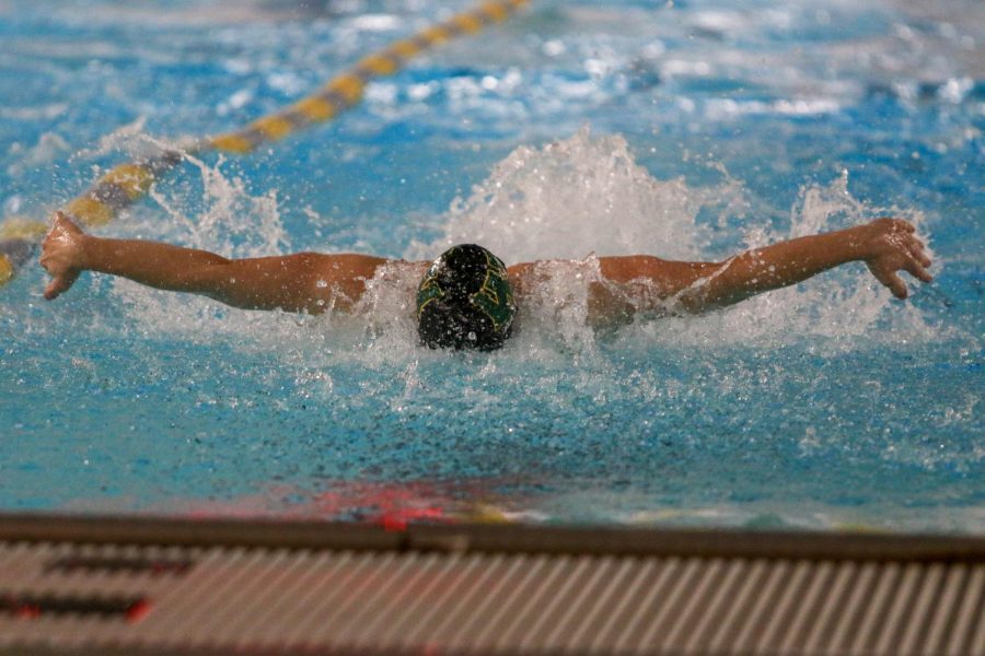 Izaak Hajek '20 swims into a turn during a dual swim meet against Linn-Mar on Dec. 17.