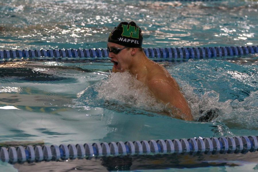 Tate Happel '20 swims in the 100-yard breaststroke during a dual swim meet against Linn-Mar on Dec. 17.