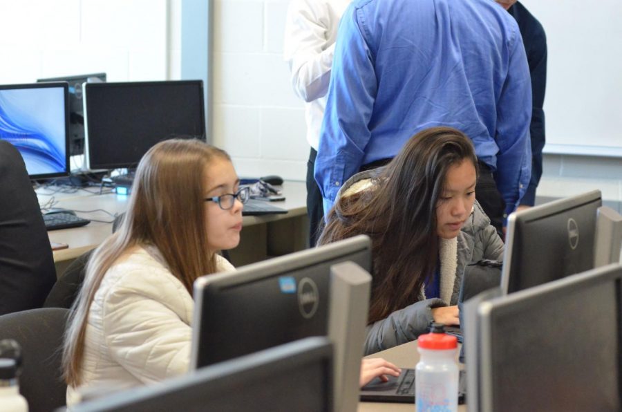 Ella Scott '23 and Olivia Boeglin '23 await the start of their competitive events. Scott competed in Graphic Design Individual while Boeglin competed in Entrepreneurship.