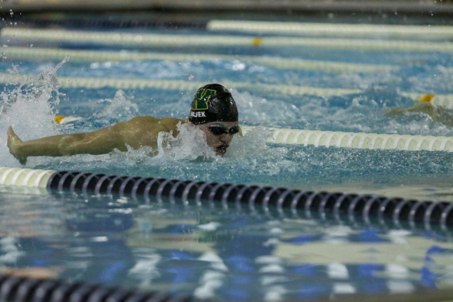 Izaak Hajek '20 swims in the 100-yard butterfly against City on Jan. 21.