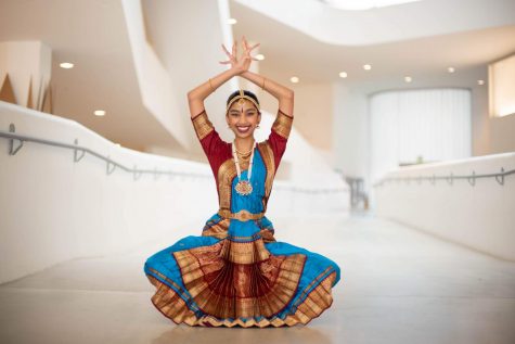 Advika Shah 22 executes a dance position for the camera. Every gesture and limb carries a unique meaning in this form.