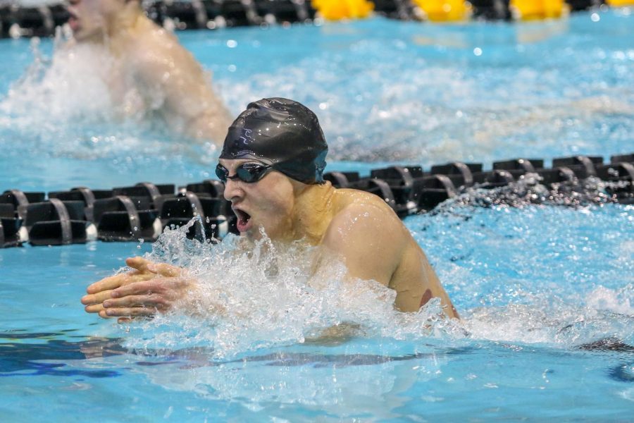 Luke Nichols '21 swims in the 200 yard IM on Feb. 15. Nichols finished with a time of 1:59.99. 