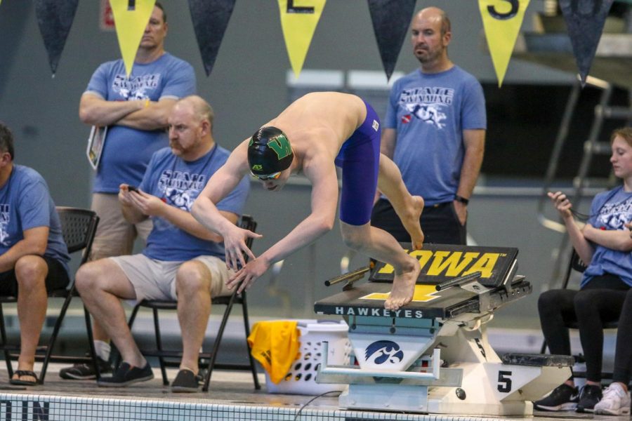 Diggory Dillingham '23 leaps off the blocks at the start of the 50 yard freestyle on Feb. 15. Dillingham finished second in the state with a time of 20.67.