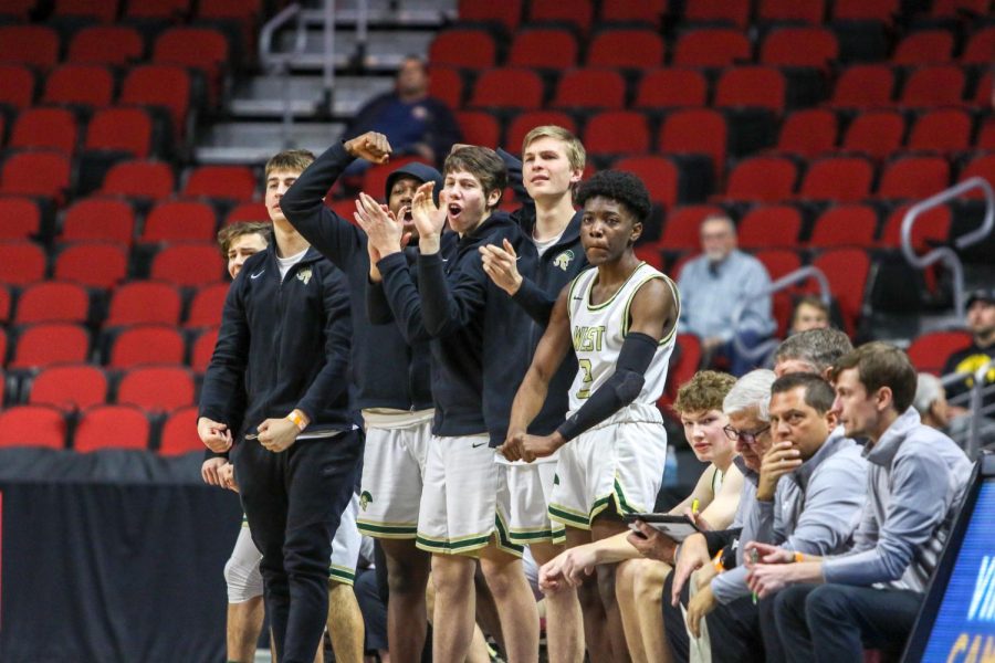 The bench celebrates a basket during the state quarterfinal on March 11.