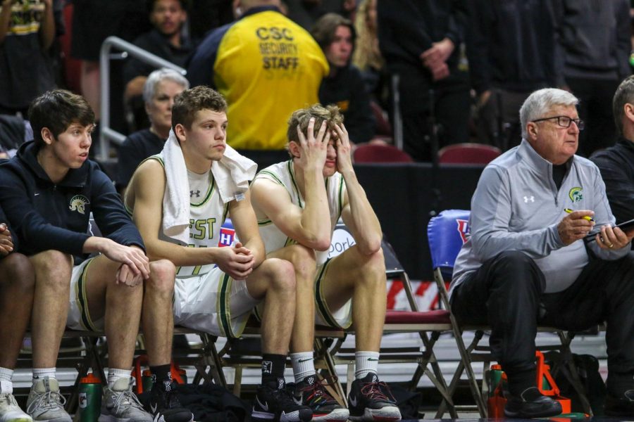 Seniors Nick Pepin and Ben Vander Leest watch in disbelief during the state quarterfinal on March 11.