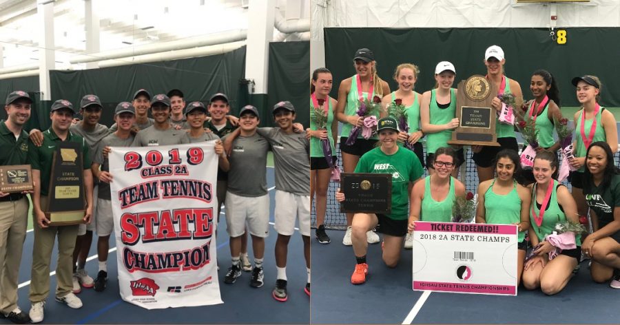The boys and girls tennis teams pose after winning state titles at the Hawkeye Tennis and Recreation Center.