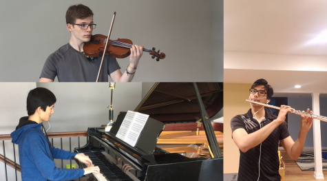 Liam Edberg 22, Bivan Shrestha 22 and Jonathan Chen 22 perform in a virtual trio.