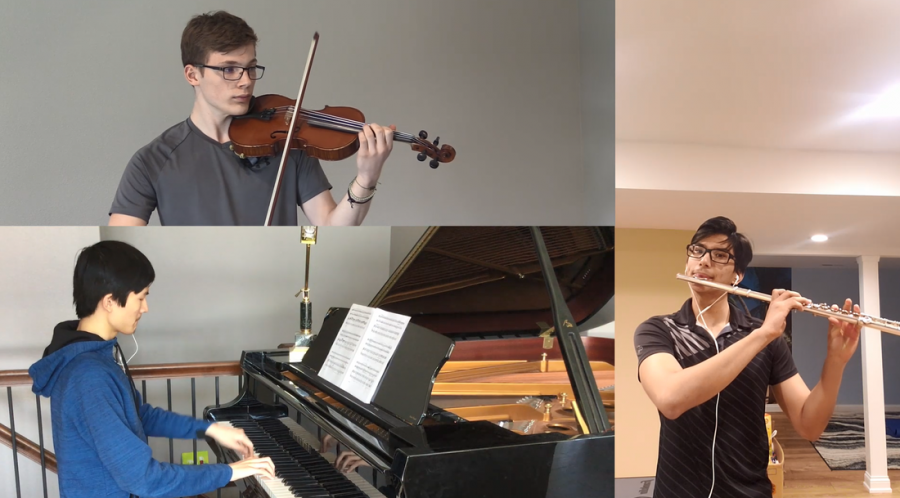 Liam Edberg '22, Bivan Shrestha '22 and Jonathan Chen '22 perform in a virtual trio.