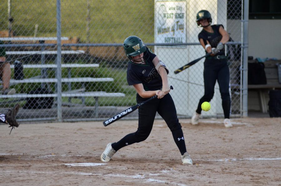 Rylee Goodfellow '21 hits a line drive to second July 16. 