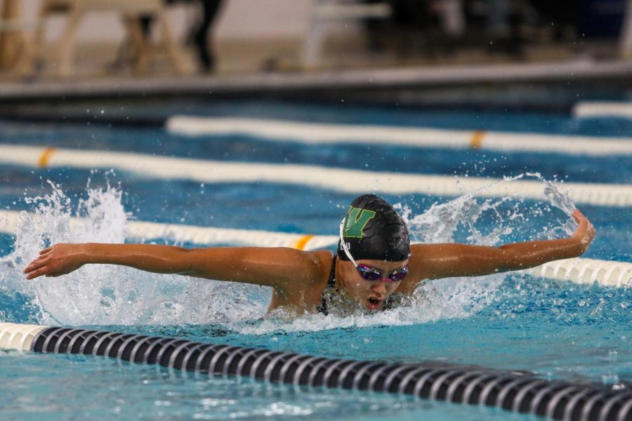 Karen Liu '23 swims the 100 butterfly at the Mercer Park Aquatic Center Oct. 17.