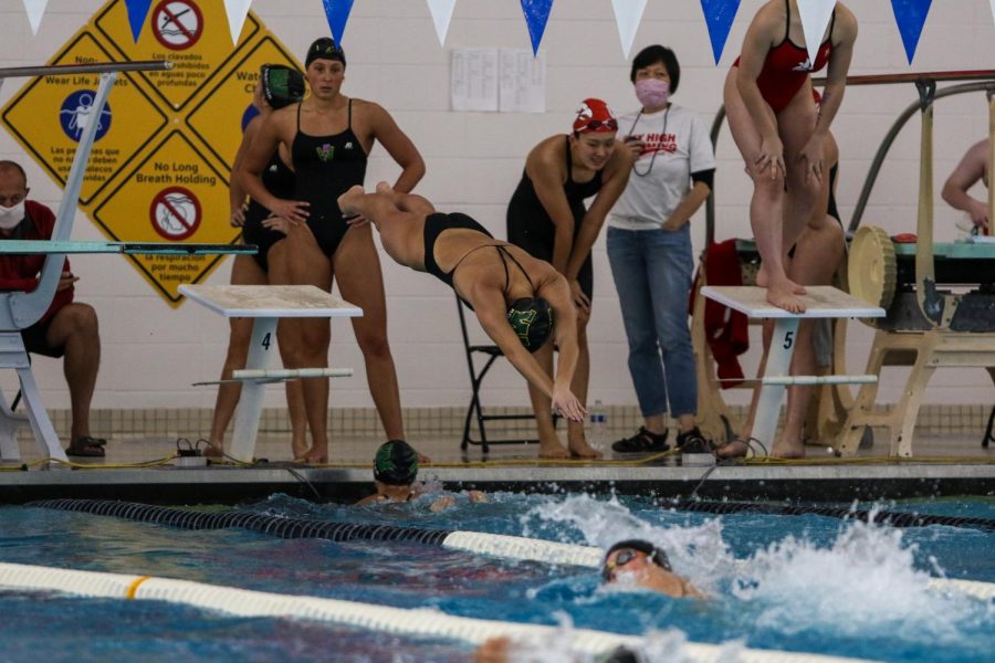 Aurora Roghair '21 dives off of the blocks during the 400 free relay at the Mercer Park Aquatic Center Oct. 17.