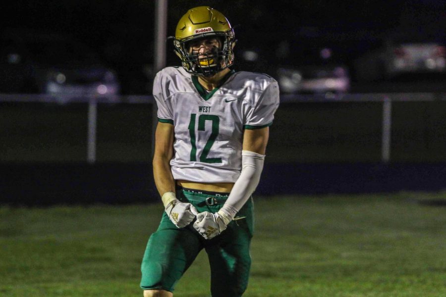 Grahm Goering '21 celebrates a touchdown catch during the Battle for the Boot at Bates Field on Oct. 25.