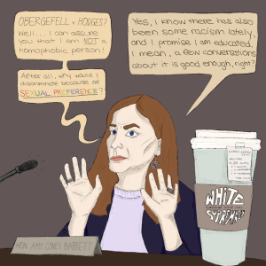 Carolines Comics features Amy Coney Barrett during her Supreme Court hearings as the presidential election approaches. 