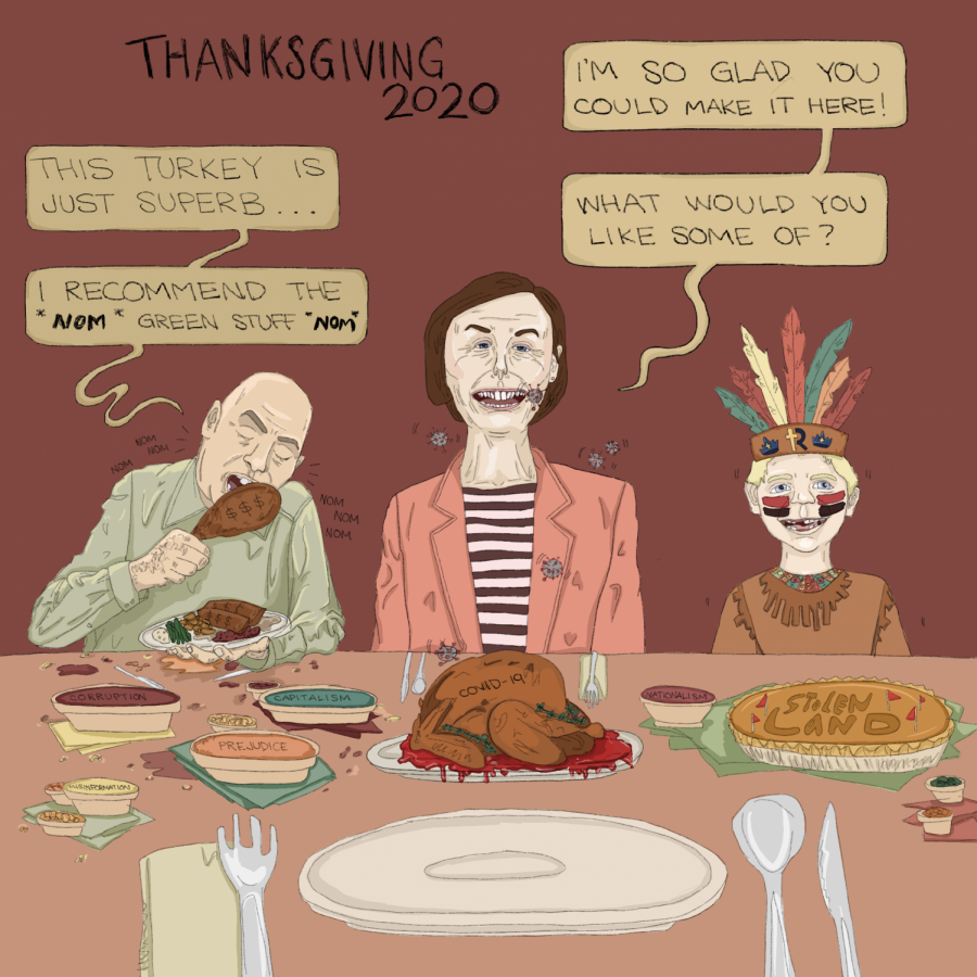 Jeff Bezos, Gov. Kim Reynolds and a schoolchild appropriating Indigenous culture celebrate Thanksgiving, disregarding COVID-19 preventative measures.