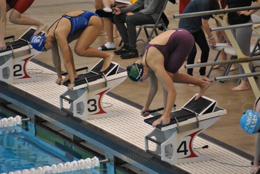 Kraske (4) preparing to dive in during a conference meet at Linn-Mar on October 26, 2019.