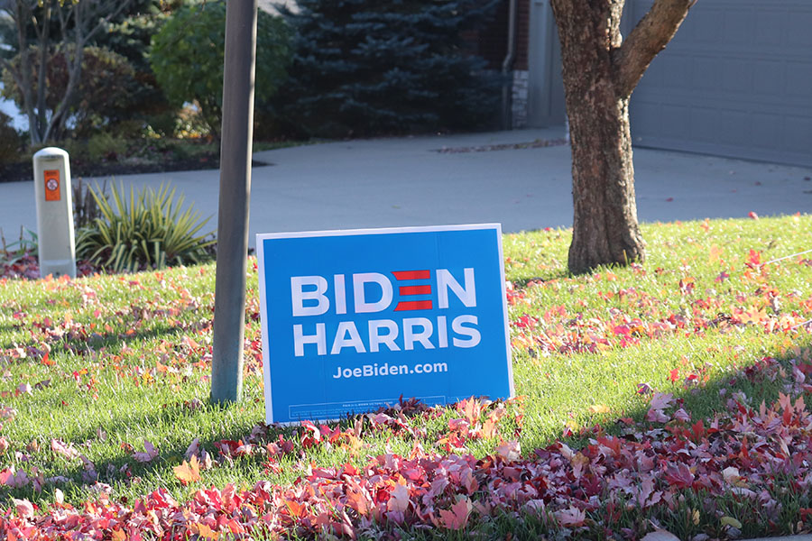 A Joe Biden campaign sign sits in a Coralville lawn.