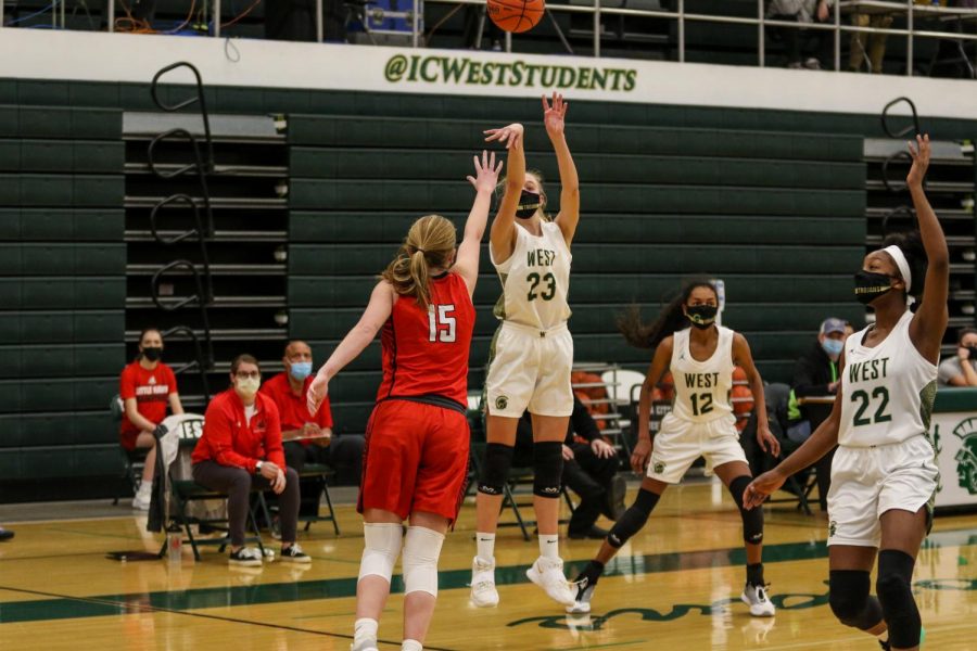 Audrey Koch '21 makes a three against City High on Dec. 18.