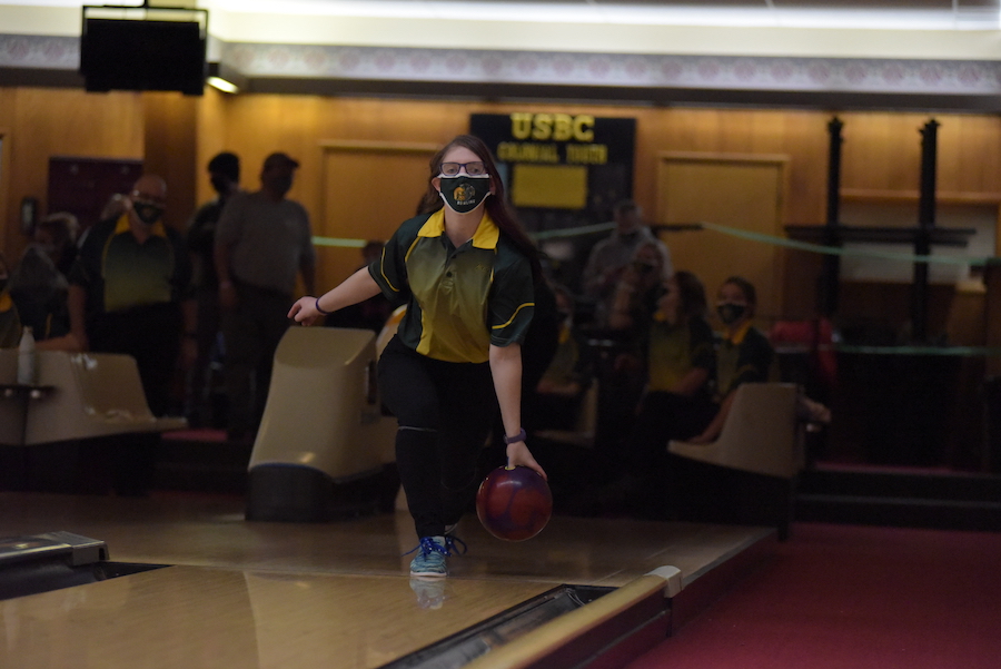 Jade Ritchey 22 throws the ball towards the pins Jan. 7.