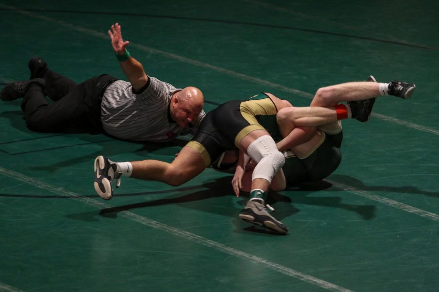 Senior Ashton Barker wins by fall against Hempstead on Jan. 21.