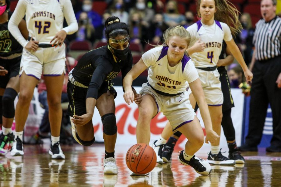 Matayia Tellis '21 fights for a steal during the state semifinal game against Johnston on March 4.