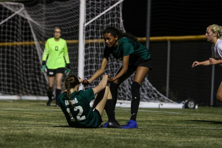 Meena Tate '23 helps up her teammate Makayla Slade '21 after an Ankeny offensive possession on April 6.