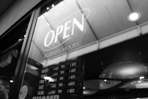 The open sign from Aspen Leaf Frozen Yogurt in downtown Iowa City on April 5.
This is a B&W photo I took from a worm’s view.

