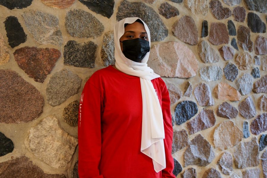 Mayasa Hamid ‘23 is posing for photo. "I wanted to keep my mask on to create a good example for students." Hamid said. 