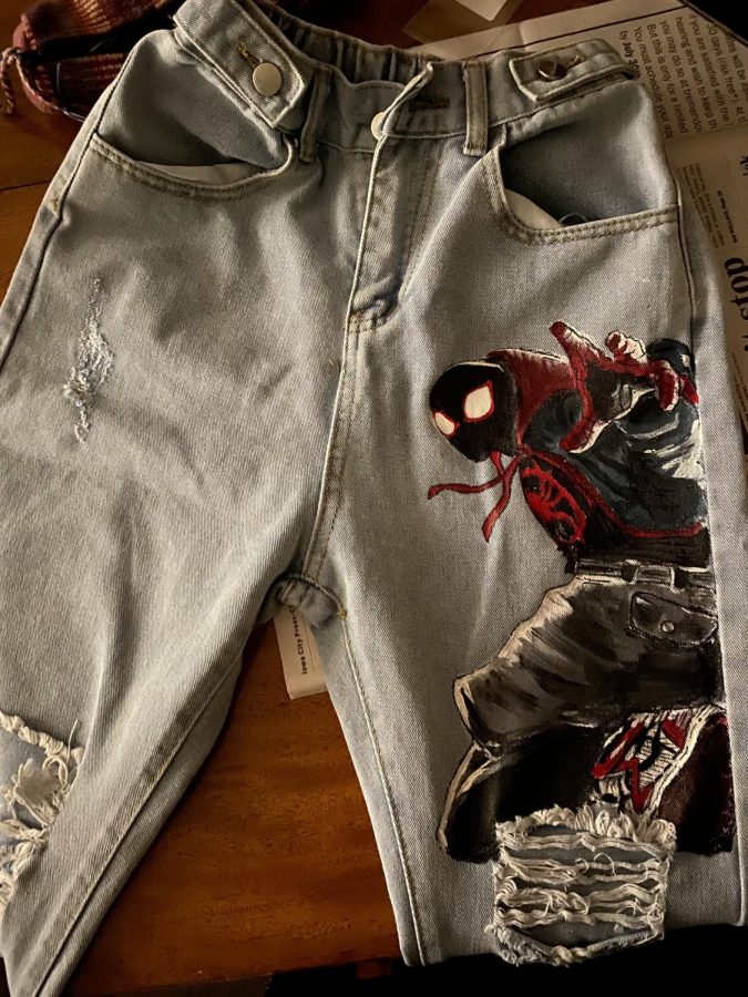 A pair of pants painted on by Jay Mascardo.