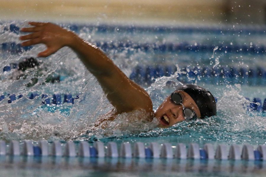 Karen Liu '24 swims in the 200 yard freestyle on Oct. 19 during a dual meet against City High.