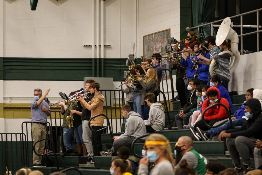 The West High pep band plays the Tribute to Troy during the PALS and Community Inclusion Clubs annual basketball game against the faculty on Nov. 11.