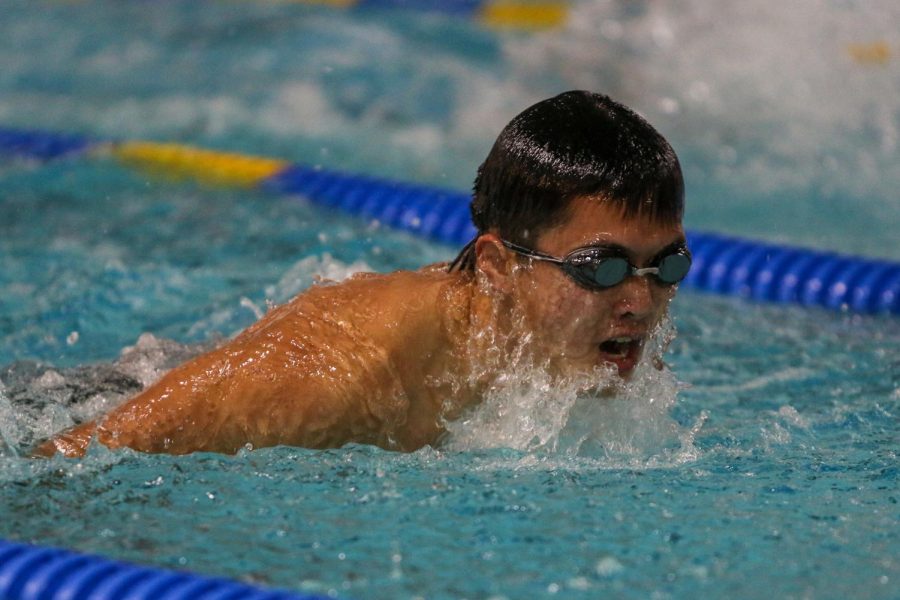 Michael Lee 24 swims the 100 yard butterfly during a dual meet against Waterloo on Dec. 14.