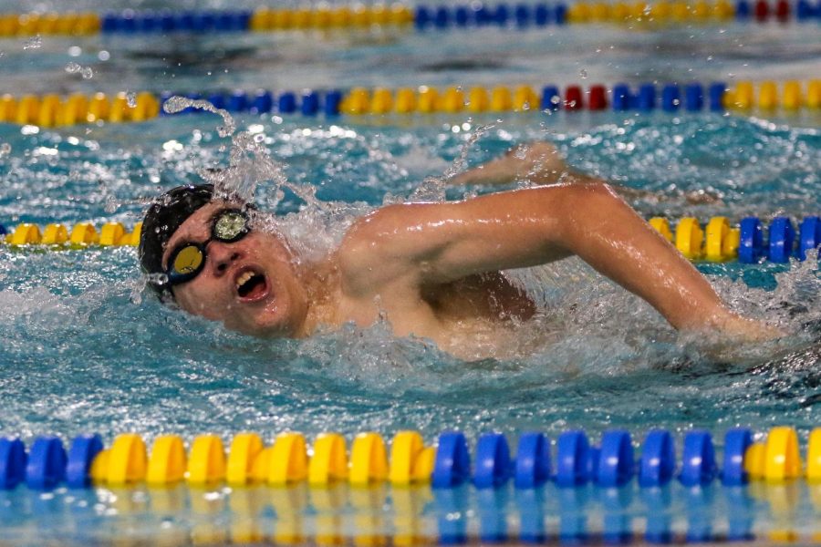 Nick Morden 22 swims the 500 yard freestyle during a dual meet against Waterloo on Dec. 14.